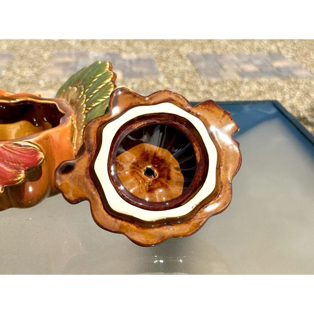 Ceramic Pumpkin Turkey Container w Lid Thanksgiving Orange Brown Holiday Dish